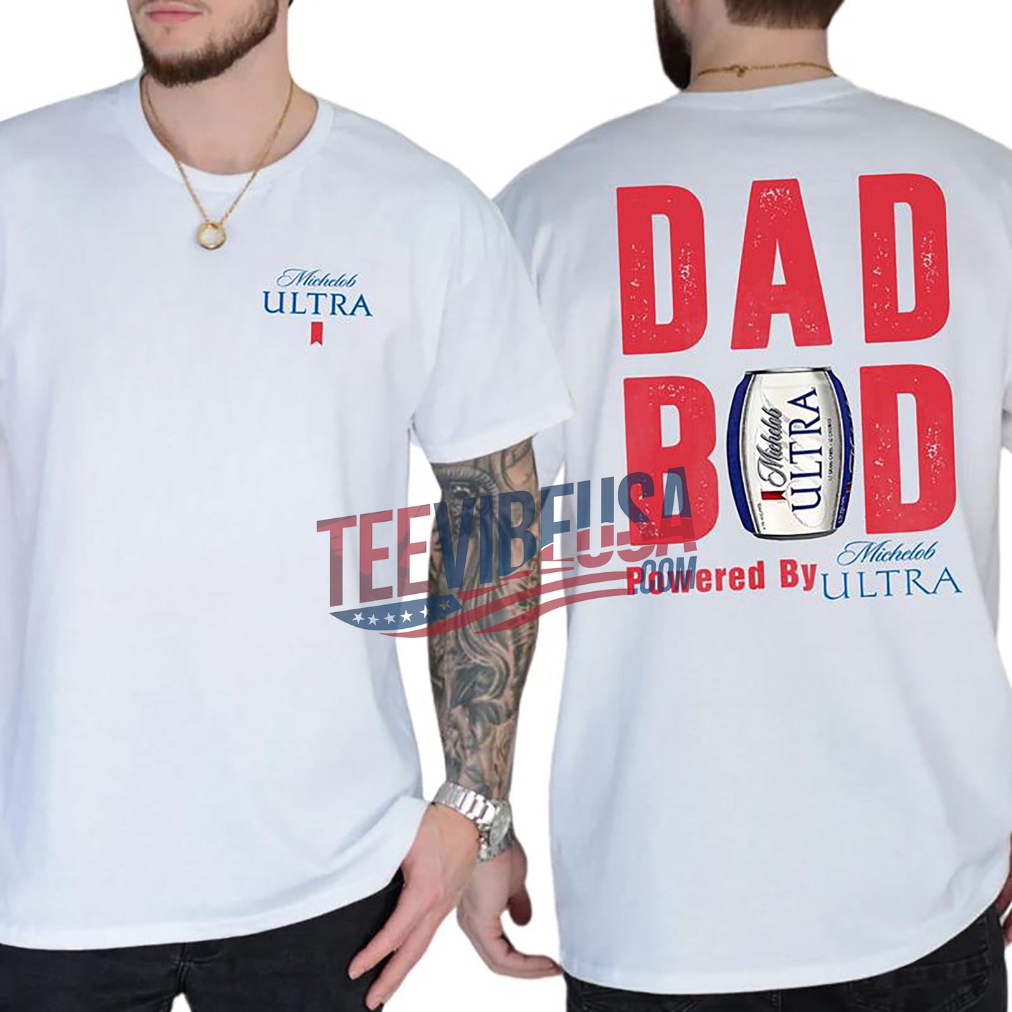 Michelob Ultra Beer Drinking T-Shirt – Dad Bod 2-Sided Graphic Tee | Soft Cotton Casual Shirt for Men