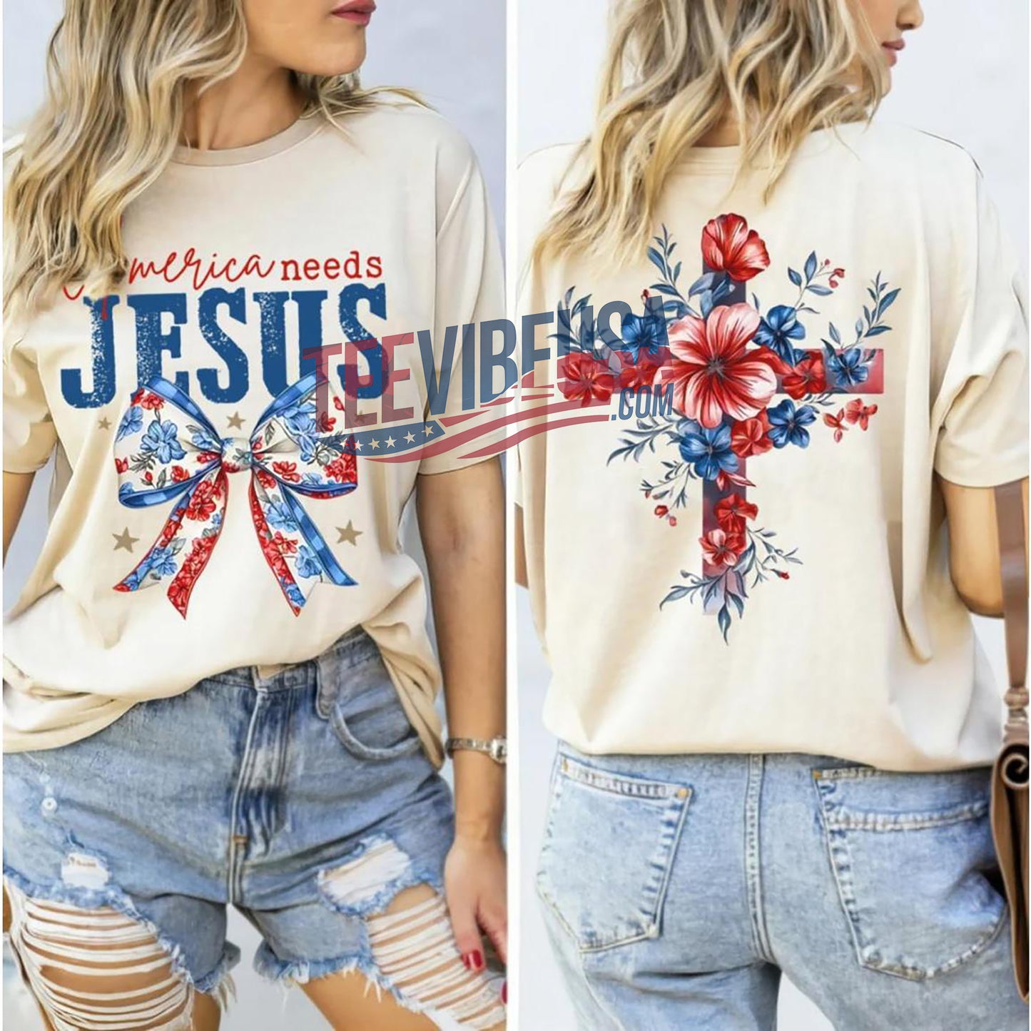 “America Needs Jesus” Christian 2-Sided Tee – Floral Cross & USA Flag Bow | 4th of July Shirt for Women