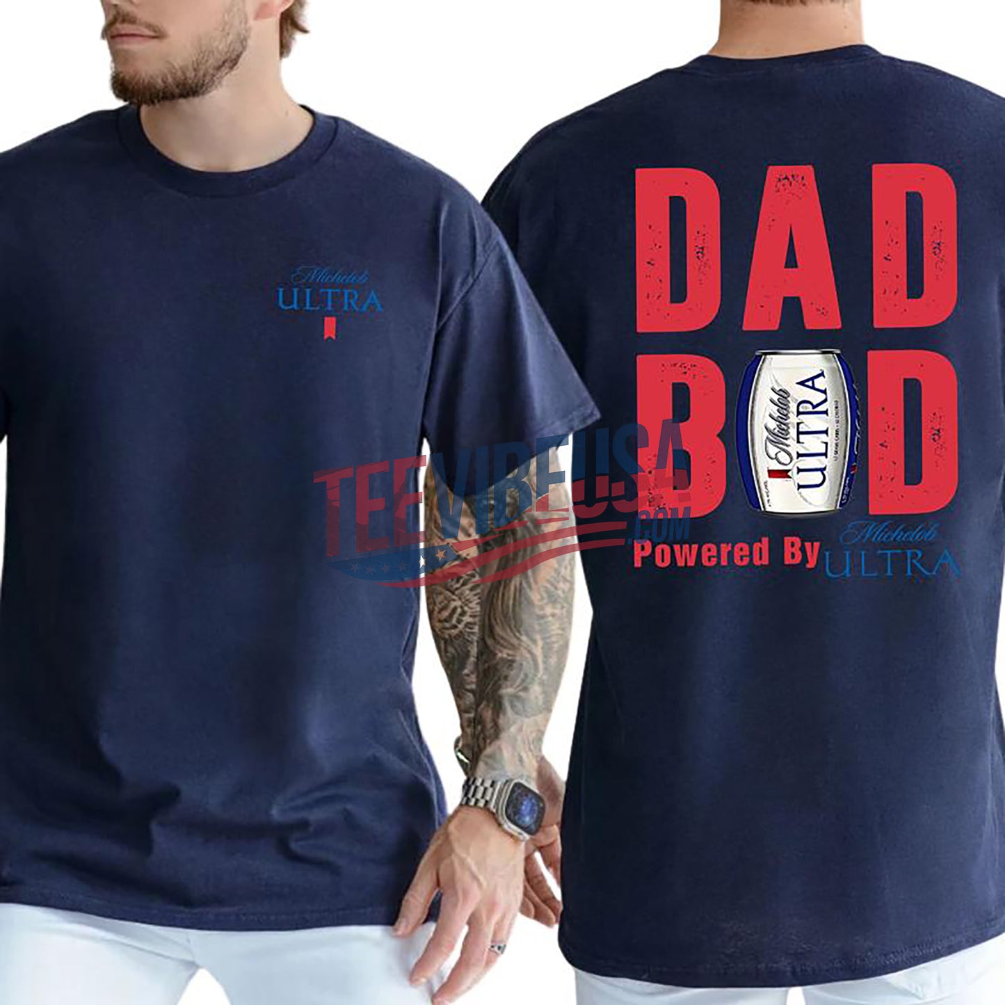 Michelob Ultra Beer Drinking T-Shirt – Dad Bod 2-Sided Graphic Tee | Soft Cotton Casual Shirt for Men