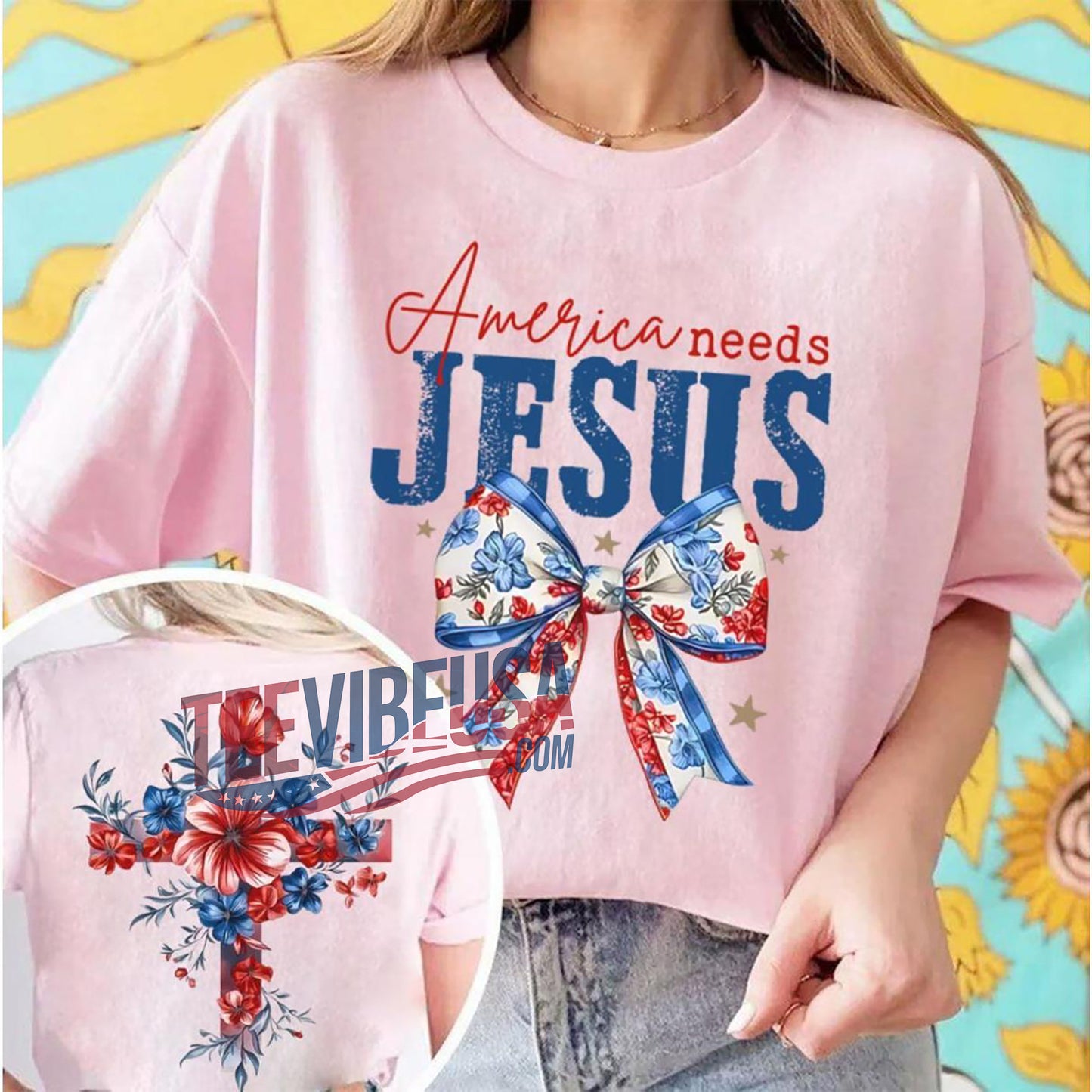 “America Needs Jesus” Christian 2-Sided Tee – Floral Cross & USA Flag Bow | 4th of July Shirt for Women