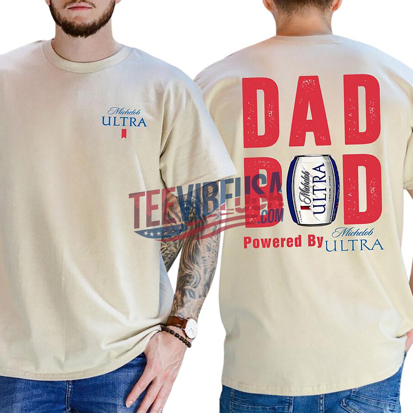 Michelob Ultra Beer Drinking T-Shirt – Dad Bod 2-Sided Graphic Tee | Soft Cotton Casual Shirt for Men