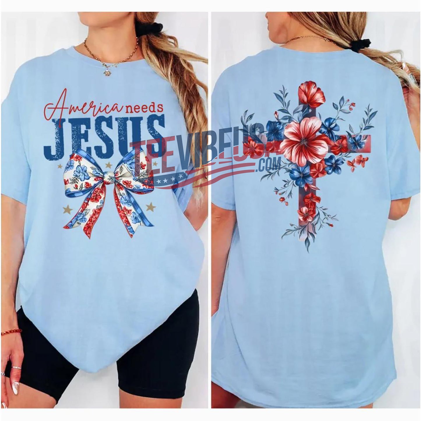 “America Needs Jesus” Christian 2-Sided Tee – Floral Cross & USA Flag Bow | 4th of July Shirt for Women - Teevibeusa