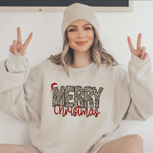 Women's Leopard Letter & Christmas Santa Hat Print Round Neck Pullover – Casual Long Sleeve Crewneck Sweatshirt for Fall & Winter, Women's Clothes for Daily Wear - Hiyatee