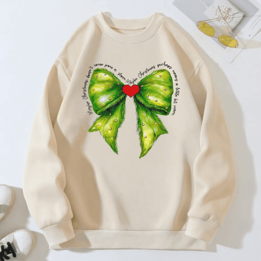 Christmas Green Bow Graphic Long Sleeve Sweatshirt - Hiyatee