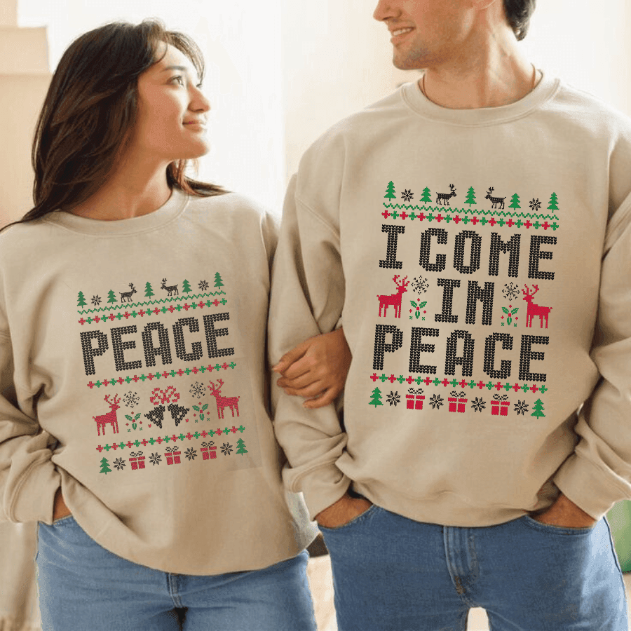 Matching Couples Ugly Christmas Sweatshirts Funny Couple Ugly Christmas Sweatshirts, I Come in Peace Sweatshirts - Hiyatee