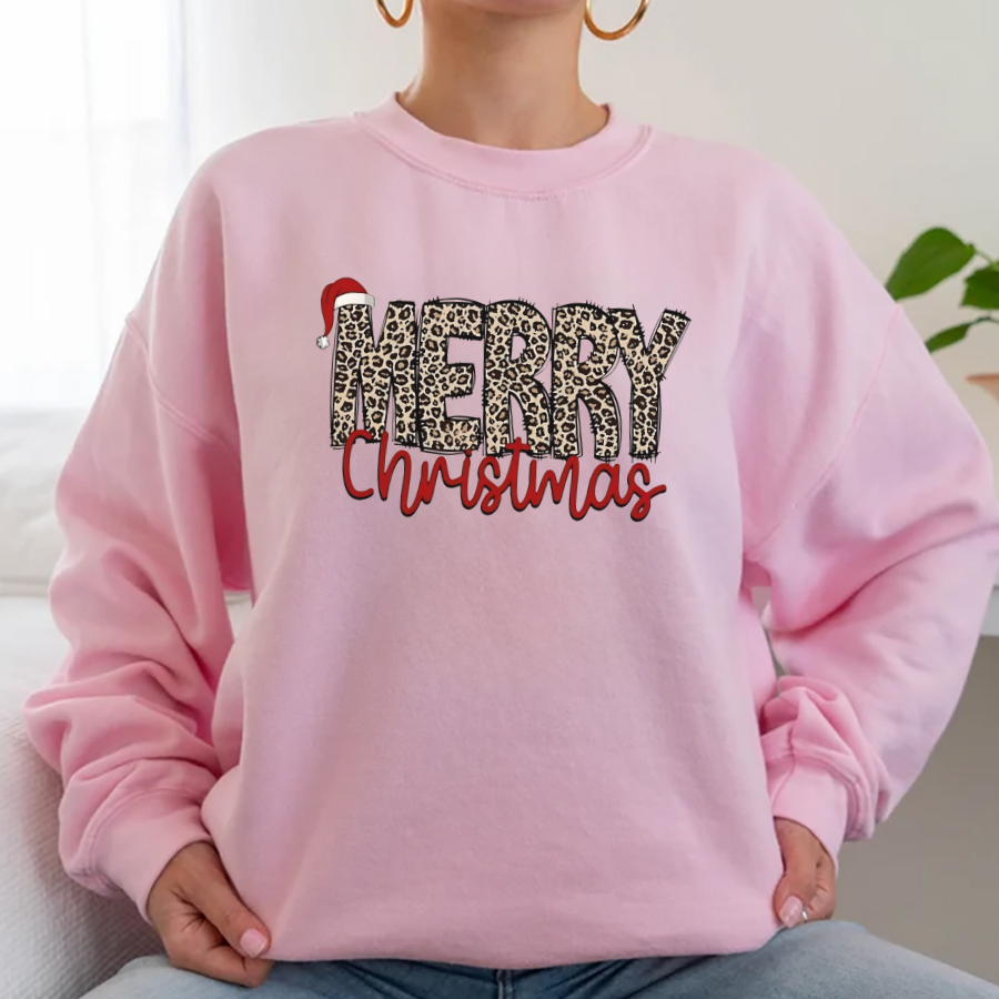 Women's Leopard Letter & Christmas Santa Hat Print Round Neck Pullover – Casual Long Sleeve Crewneck Sweatshirt for Fall & Winter, Women's Clothes for Daily Wear - Hiyatee