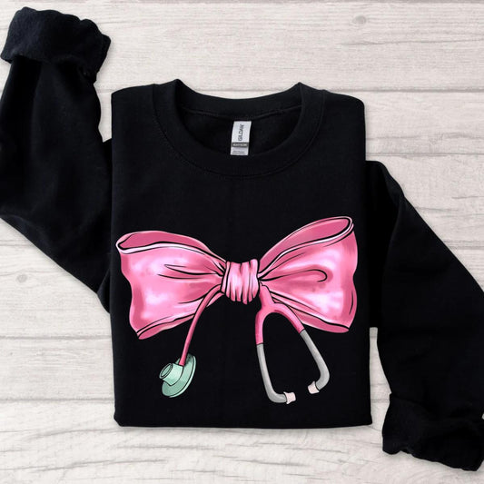 Nurse Stethoscope Bow Sweatshirt, Nurse Pink Sweatshirt, Nurse life Sweatshirt, Nursing School Shirt, Bow Pink Shirt - Hiyatee