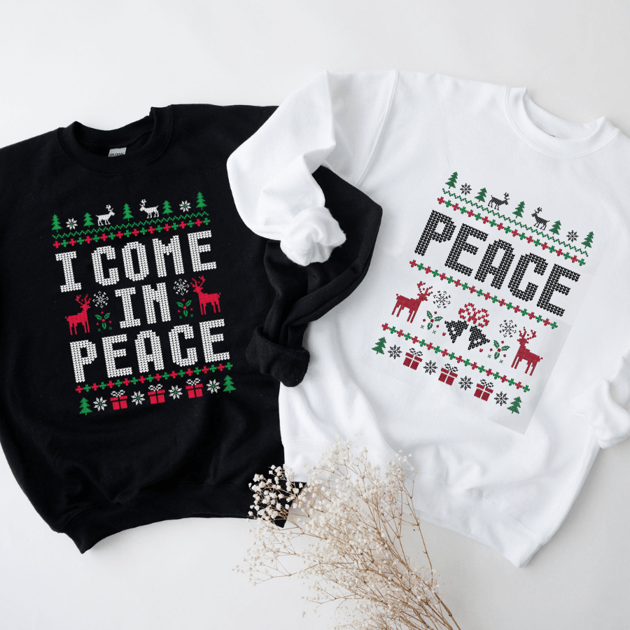 Matching Couples Ugly Christmas Sweatshirts Funny Couple Ugly Christmas Sweatshirts, I Come in Peace Sweatshirts - Hiyatee