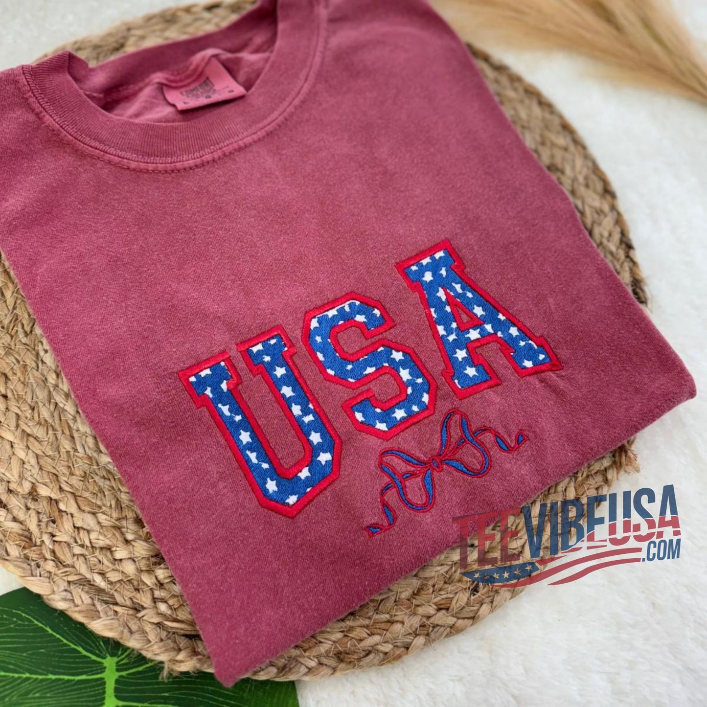 USA Coquette Bow Embroidered Tee – Cute & Patriotic 4th of July Shirt