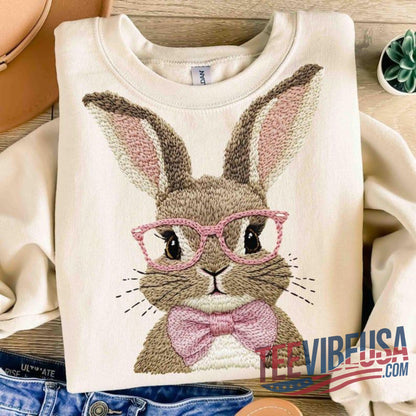 Bubble Gum Bunny With Glasses Trendy Easter Sweatshirt