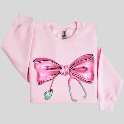 Nurse Stethoscope Bow Sweatshirt, Nurse Pink Sweatshirt, Nurse life Sweatshirt, Nursing School Shirt, Bow Pink Shirt - Hiyatee