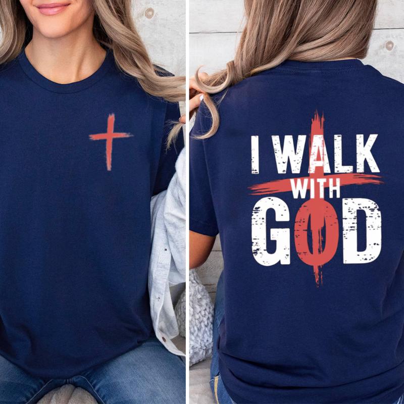 I Walk With God Graphic Tee Pure Cotton Casual Street Style Crew Neck Short Sleeve T-Shirt Tops Trendy For Women For Men, Perfect Gift