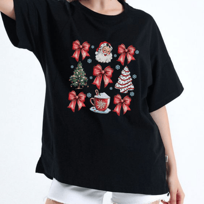 Women's Christmas Themed Print Round Neck Tee, Casual Short Sleeve Crew Neck T-shirt for Summer, Fashion Women's Top for Daily Wear - Hiyatee