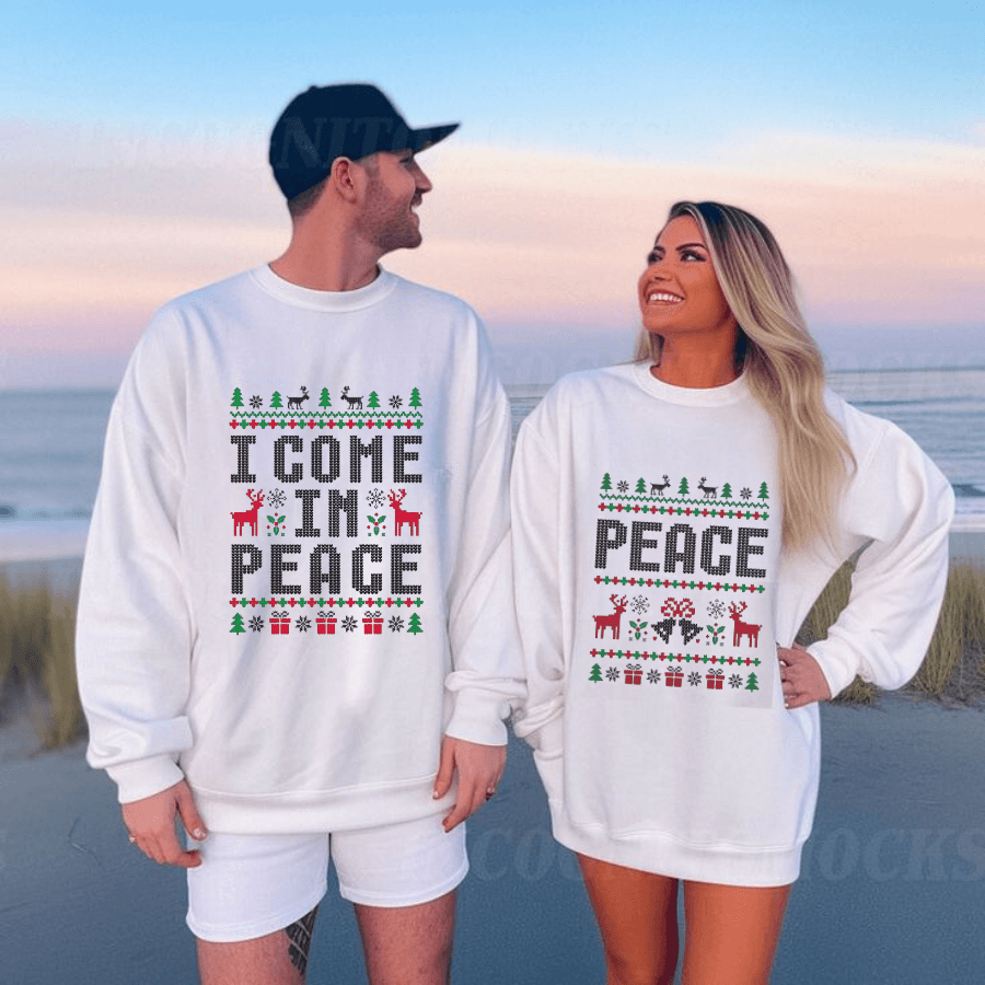 Matching Couples Ugly Christmas Sweatshirts Funny Couple Ugly Christmas Sweatshirts, I Come in Peace Sweatshirts - Hiyatee