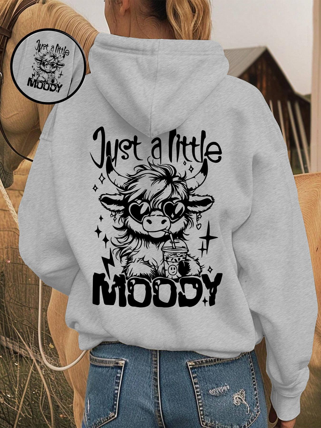 Women's Cartoon Highland Cow Print Drop Shoulder Hoodie- Hiyatee