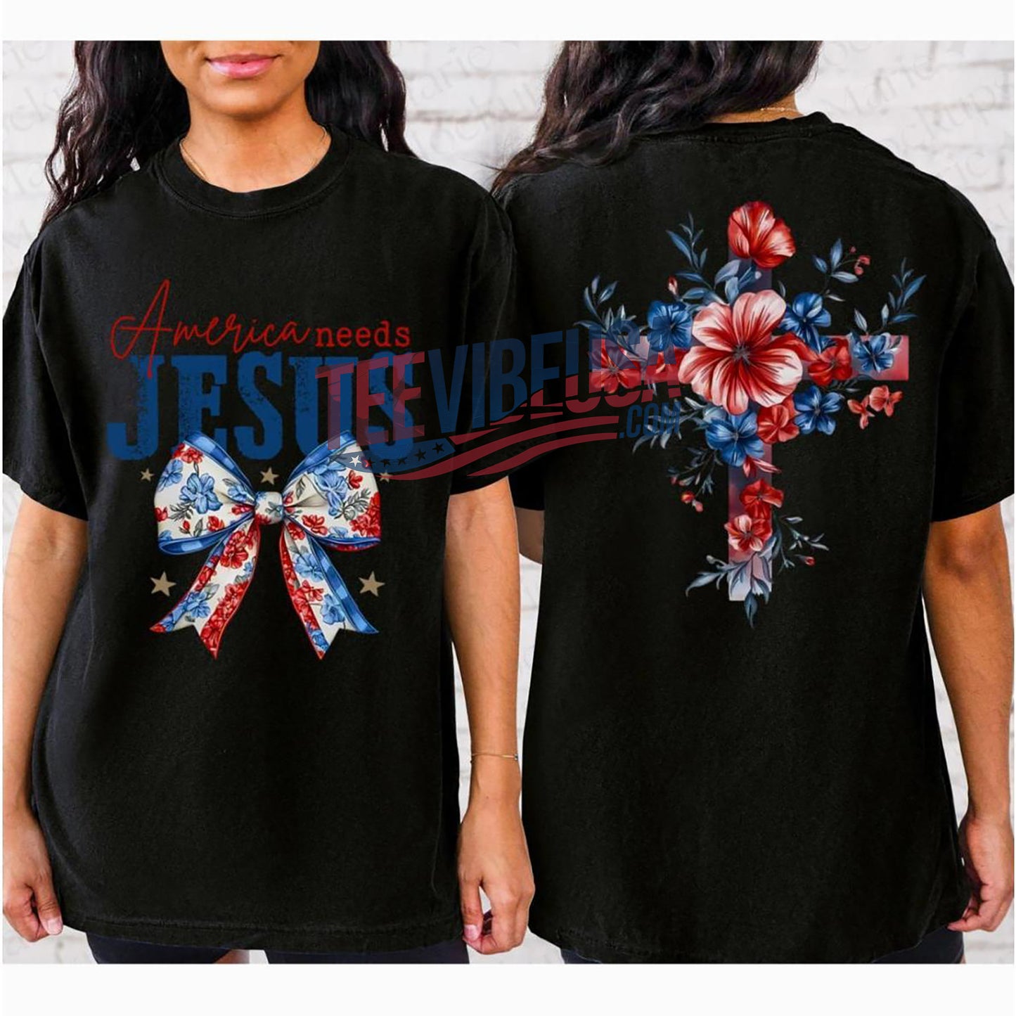 “America Needs Jesus” Christian 2-Sided Tee – Floral Cross & USA Flag Bow | 4th of July Shirt for Women