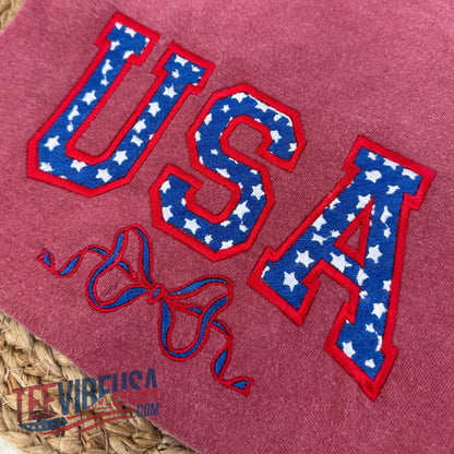 USA Coquette Bow Embroidered Tee – Cute & Patriotic 4th of July Shirt