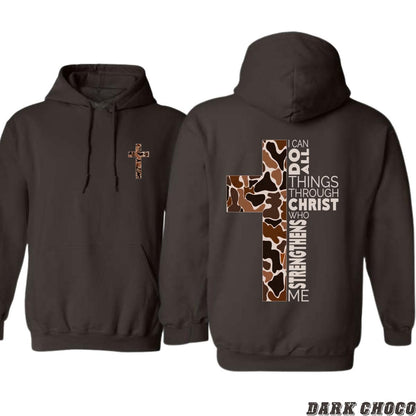 Christian Hoodie - Camo Cross Design with Philippians 413 Verse, Perfect for Faithful Believers and Outdoorsmen, Cozy Hoodie for Everyday Comfort and Spiritual Strength - Hiyatee