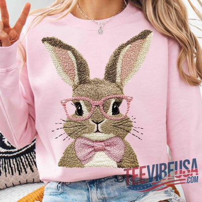 Bubble Gum Bunny With Glasses Trendy Easter Sweatshirt