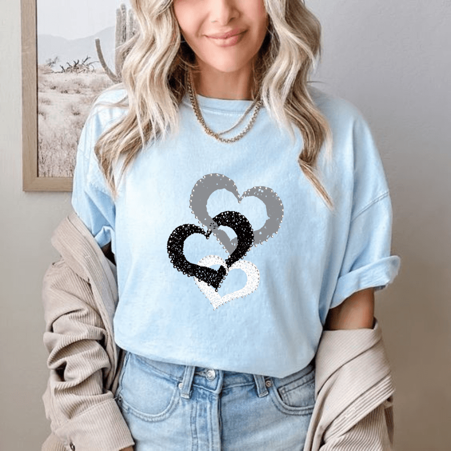 Women's Heart Print Drop Shoulder T-shirt, Casual Round Neck Tee for Fall & Winter, Women's Clothes for Daily Wear - Hiyatee