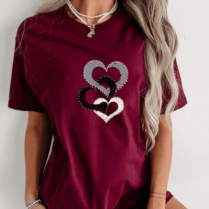 Women's Heart Print Drop Shoulder T-shirt, Casual Round Neck Tee for Fall & Winter, Women's Clothes for Daily Wear - Hiyatee