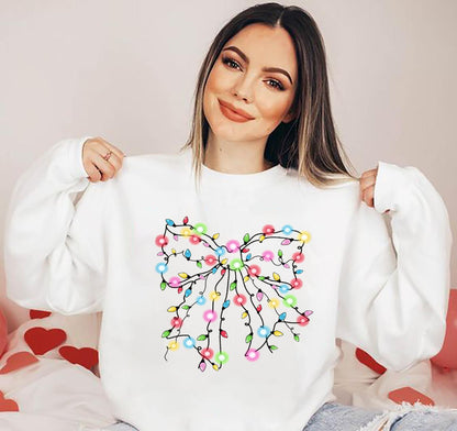 Christmas Lights Coquette Bow Sweatshirt, Christmas Shirt, Christmas Light Sweatshirt, Funny Christmas Sweatshirt - Hiyatee