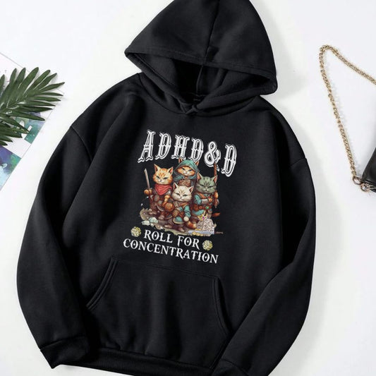 ADHD&D Roll for Concentration Hoodie, Vintage Dungeons and Dragons RPG Gift, Humorous Mental Health Awareness, Unisex Cozy Fall for Gamers and Enthusiasts - Hiyatee 