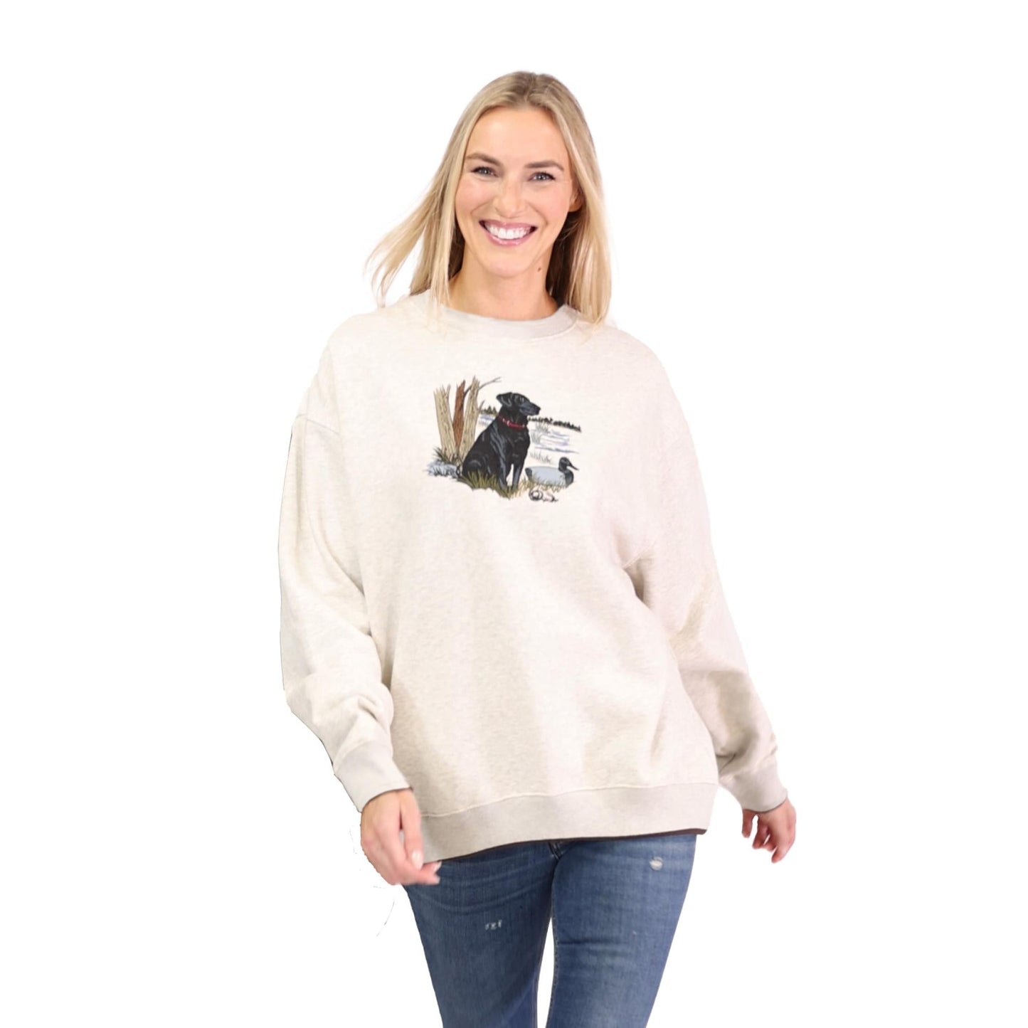 Black Lab Embroidered Crewneck Sweatshirt Cotton Pullover