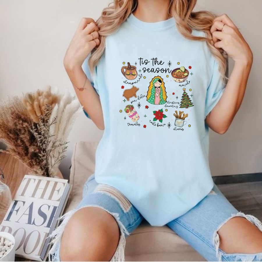 Tis The Season Mexican Shirt, Virgen De Guadalupe Feliz Navidad, Latina Xmas Gift, Unisex  Pullover Tee