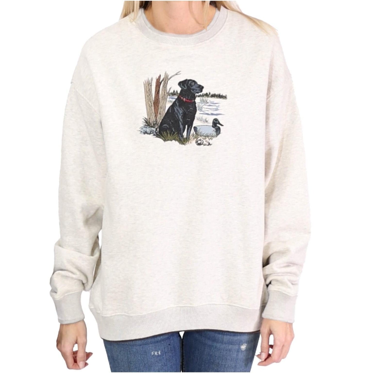 Black Lab Embroidered Crewneck Sweatshirt Cotton Pullover