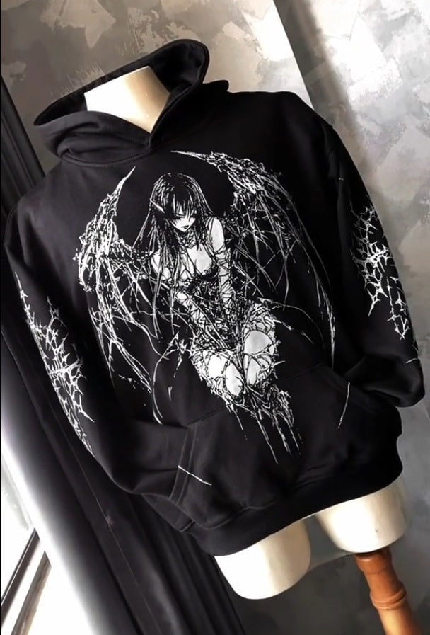 Gothic Y2K Oversized Hoodie - Black Anime Angel Cotton Hoodie  Trendy Y2K Aesthetic Streetwear