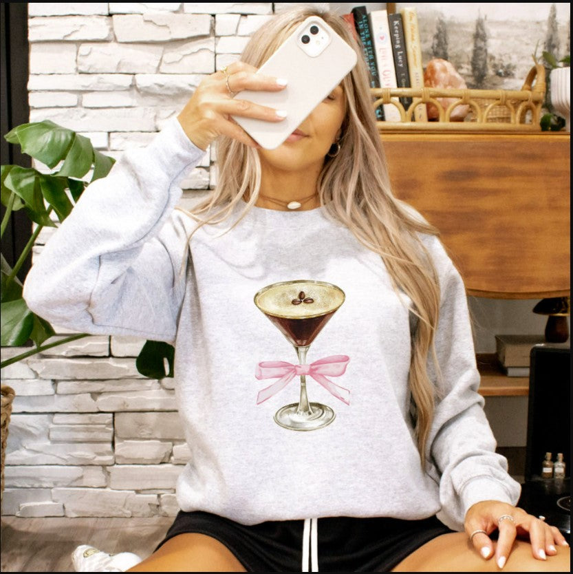 Espresso Martini Pink Bow Sweatshirt, Espresso Martini Crewneck Sweater, Gifts For The Martini Lover, Gift For Mom