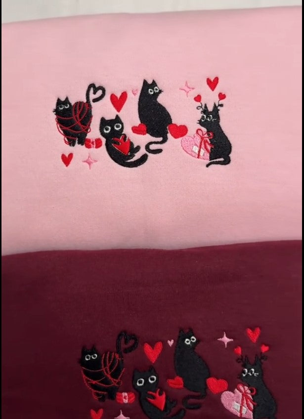 EMBROIDERED Valentines black Cats Embroidered sweatshirt, Valentine Embroidered crewneck, Valentine's Day sweatshirt