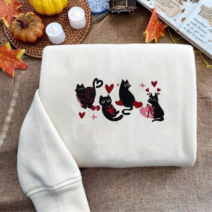 EMBROIDERED Valentines black Cats Embroidered sweatshirt, Valentine Embroidered crewneck, Valentine's Day sweatshirt