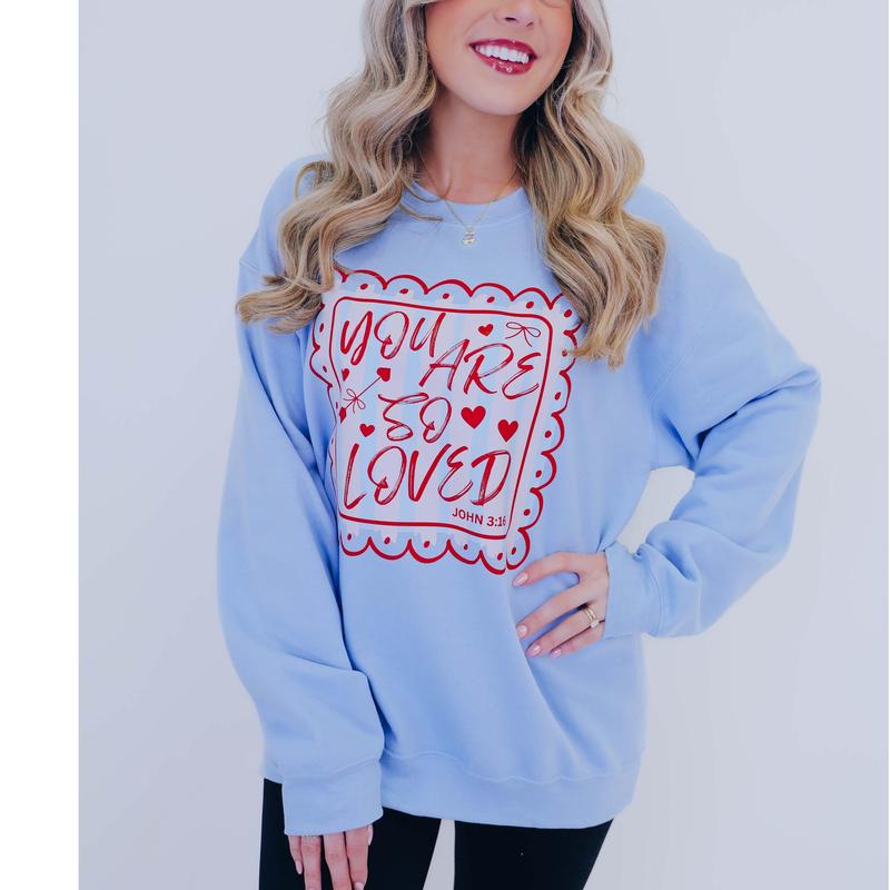 You Are So Loved Christian Valentines Day Graphic Sweater Casual Fleece Fabric Crewneck Pullover Sweatshirt Trendy Tops Collection for Women for Men