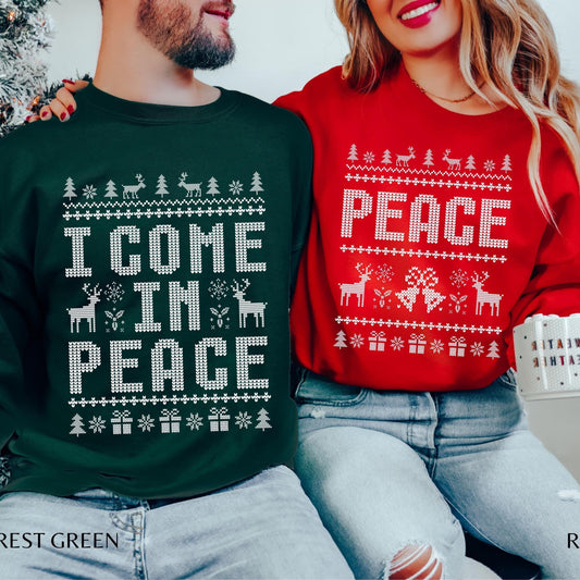 Matching Couples Ugly Christmas Sweatshirts Funny Couple Ugly Christmas Sweatshirts, I Come in Peace Sweatshirts - Hiyatee