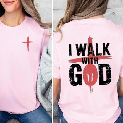 I Walk With God Graphic Tee Pure Cotton Casual Street Style Crew Neck Short Sleeve T-Shirt Tops Trendy For Women For Men, Perfect Gift