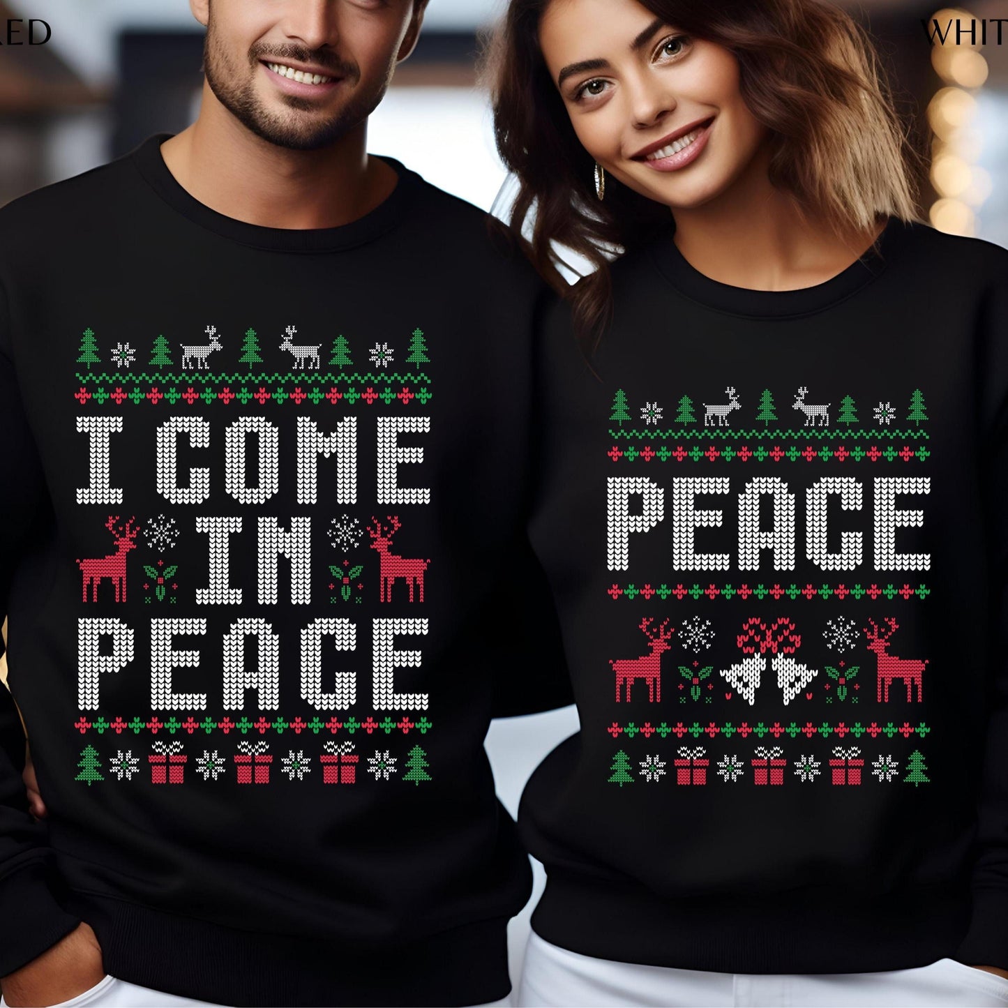 Matching Couples Ugly Christmas Sweatshirts Funny Couple Ugly Christmas Sweatshirts, I Come in Peace Sweatshirts - Hiyatee