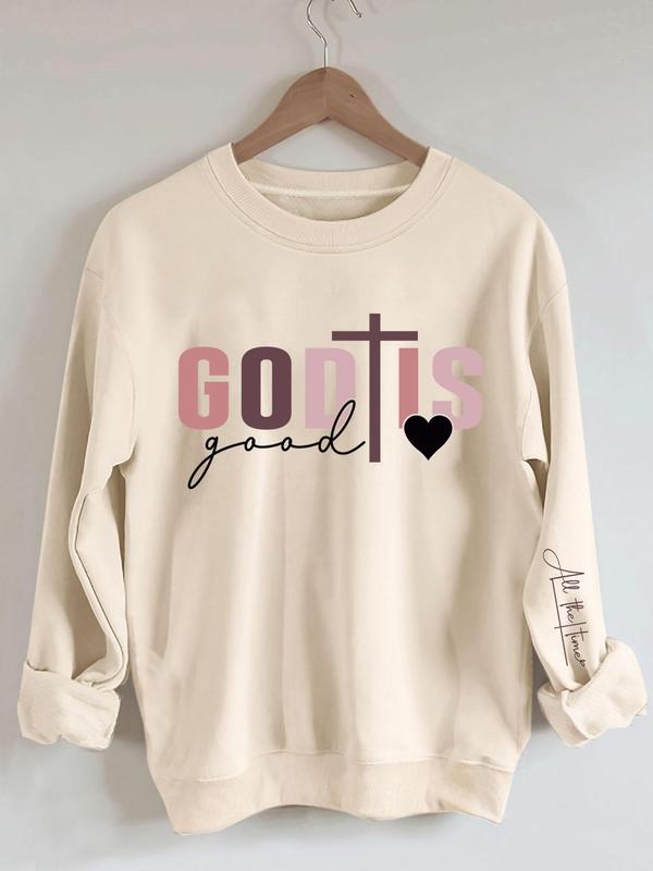 Women's Cross & Heart & Letter Print Round Neck Sweatshirt, Casual Long Sleeve Pullover for Daily Wear, Ladies Summer