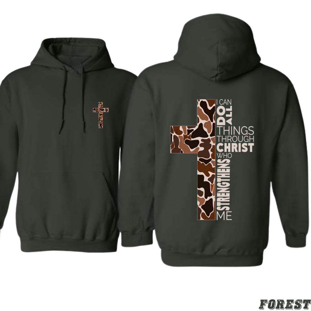 Christian Hoodie - Camo Cross Design with Philippians 413 Verse, Perfect for Faithful Believers and Outdoorsmen, Cozy Hoodie for Everyday Comfort and Spiritual Strength - Hiyatee