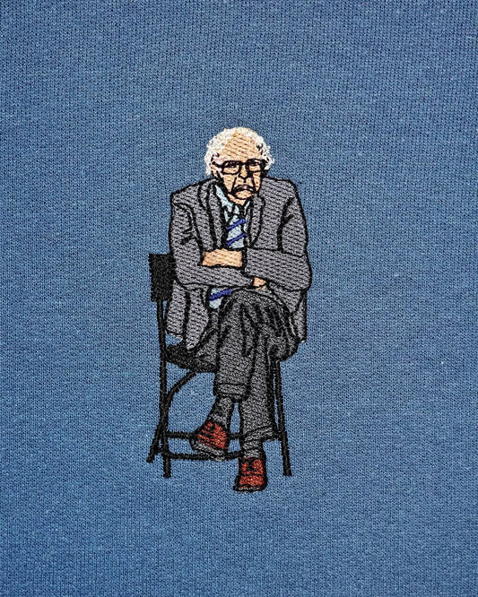 Bernie Sanders Sitting Crewneck Embroidered Sweatshirt | Inauguration | Bernie Meme | Cold | Sad Senator